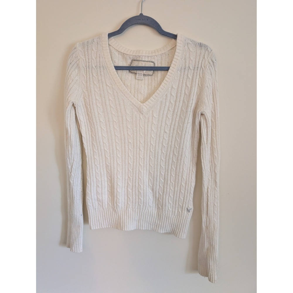American Eagle Cream White Cable Knit V-Neck Sweater Medium Y2K 90s Vintage